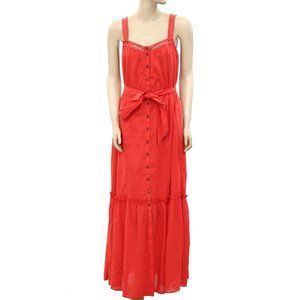 HappyXNature Lace Buttondown Ruffle Maxi Dress Cotton Sleeveless Red S